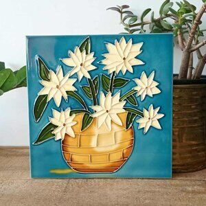 Floral Wall Hanging, Hand Glazed Ceramic Tile, Blue White Flower